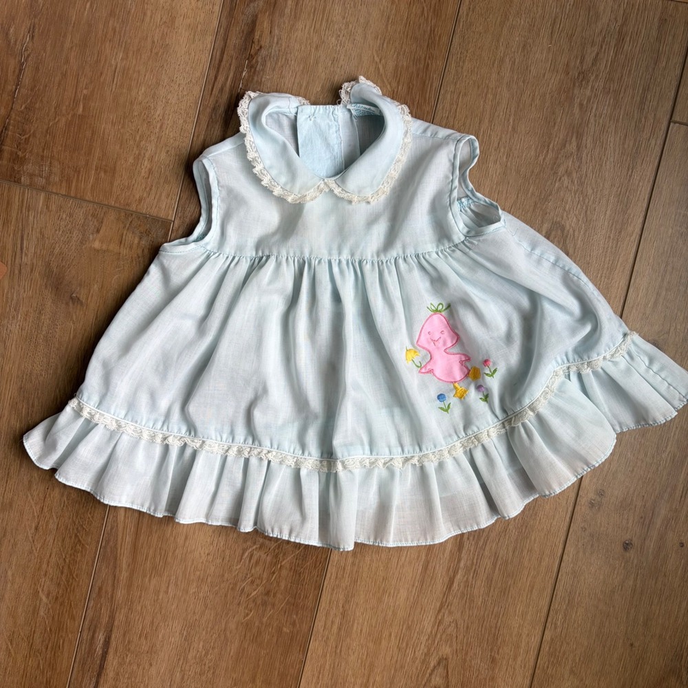 Vintage 9M Blue Cherubs Dress with Lace Collar and Embroidered Duck / Primitive